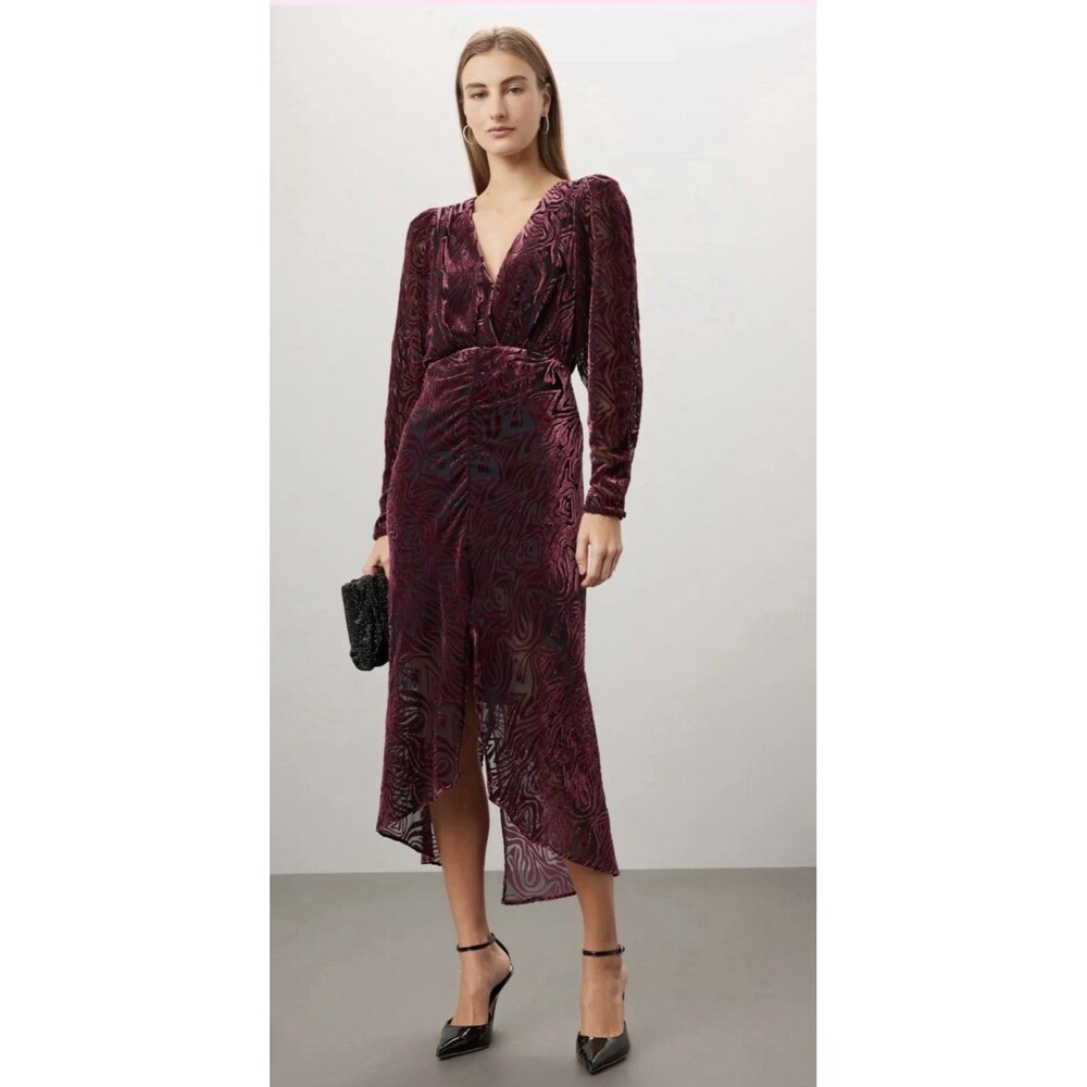 Ronny Kobo Collective Burnout Ruched Dress In Burgundy Size 4